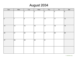 August 2034 Calendar with Weekend Shaded
