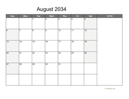 August 2034 Calendar with Notes