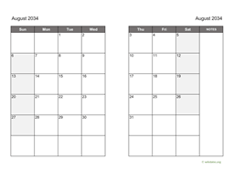 August 2034 Calendar on two pages