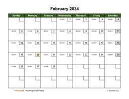 February 2034 Calendar with Day Numbers
