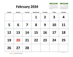 February 2034 Calendar with Extra-large Dates