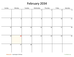 February 2034 Calendar with Bigger boxes