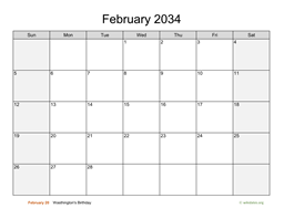 February 2034 Calendar with Weekend Shaded