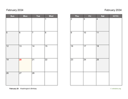 February 2034 Calendar on two pages