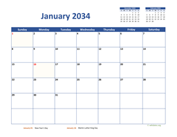 January 2034 Calendar Classic