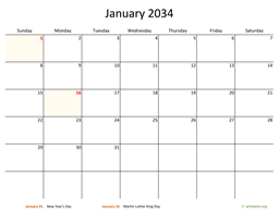 January 2034 Calendar with Bigger boxes