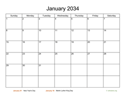 Basic Calendar for January 2034