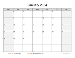 January 2034 Calendar with Weekend Shaded