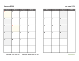 January 2034 Calendar on two pages