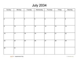 Basic Calendar for July 2034