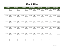 March 2034 Calendar with Day Numbers