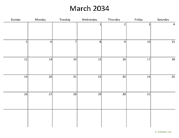 March 2034 Calendar with Bigger boxes