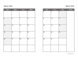 March 2034 Calendar on two pages