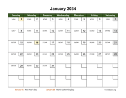 Monthly 2034 Calendar with Day Numbers
