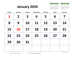 Monthly 2034 Calendar with Extra-large Dates