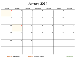 Monthly 2034 Calendar with Bigger boxes