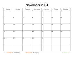 Basic Calendar for November 2034