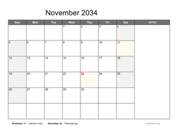 November 2034 Calendar with Notes