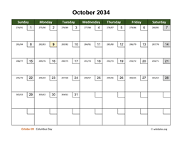 October 2034 Calendar with Day Numbers