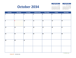 October 2034 Calendar Classic