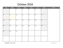 October 2034 Calendar with Notes
