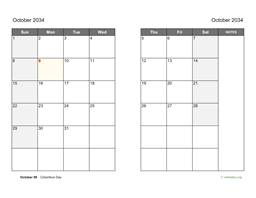 October 2034 Calendar on two pages