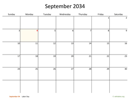 September 2034 Calendar with Bigger boxes