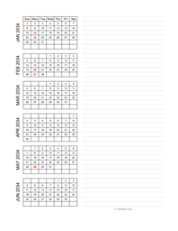six months 2034 calendar vertical with notes