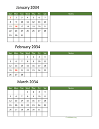 three months 2034 calendar vertical with notes