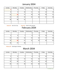 three months 2034 calendar vertical