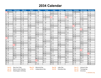 2034 Calendar Horizontal, One Page