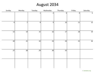August 2034 Calendar with Bigger boxes