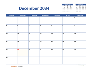 December 2034 Calendar Classic