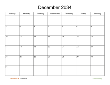 Basic Calendar for December 2034