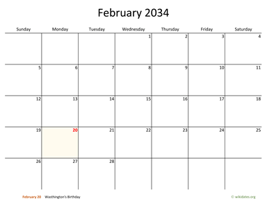 February 2034 Calendar with Bigger boxes