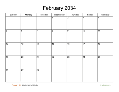 Basic Calendar for February 2034