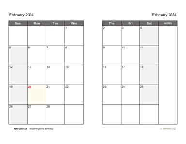 February 2034 Calendar on two pages