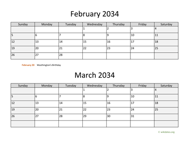 February and March 2034 Calendar Horizontal