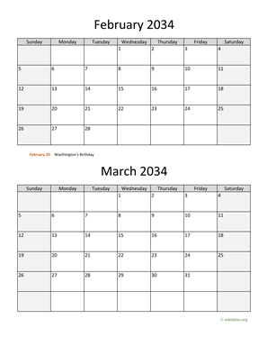 February and March 2034 Calendar Vertical