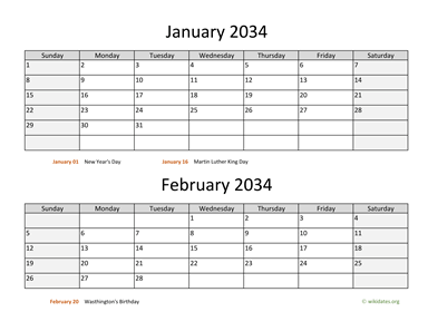 January and February 2034 Calendar Horizontal