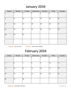 January and February 2034 Calendar Vertical