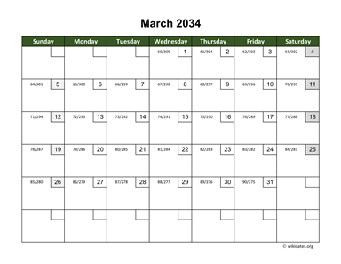 March 2034 Calendar with Day Numbers