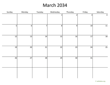 March 2034 Calendar with Bigger boxes