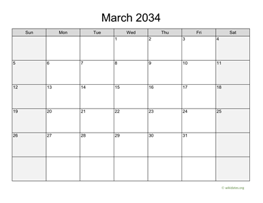 March 2034 Calendar with Weekend Shaded