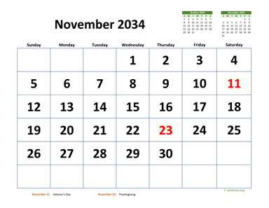 November 2034 Calendar with Extra-large Dates