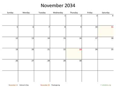 November 2034 Calendar with Bigger boxes