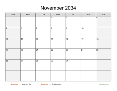 November 2034 Calendar with Weekend Shaded
