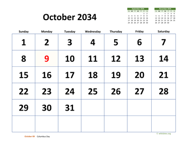 October 2034 Calendar with Extra-large Dates