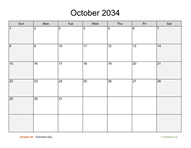 October 2034 Calendar with Weekend Shaded