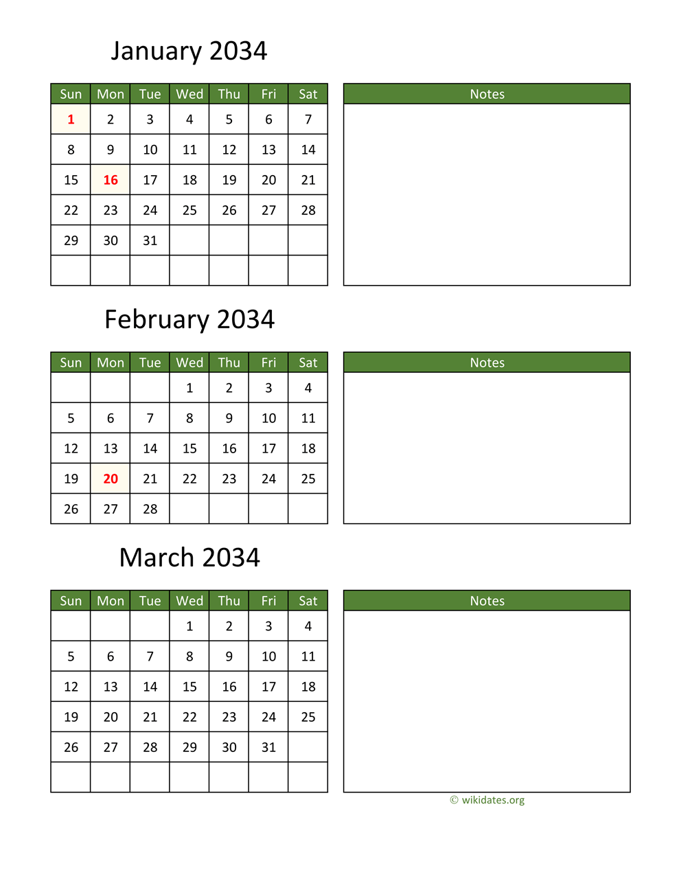 Printable 2034 Calendar | WikiDates.org